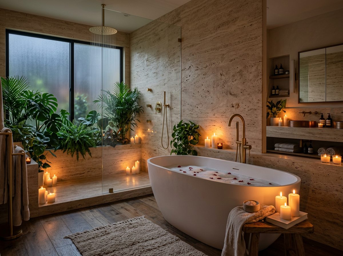 Spa bathroom travertine design